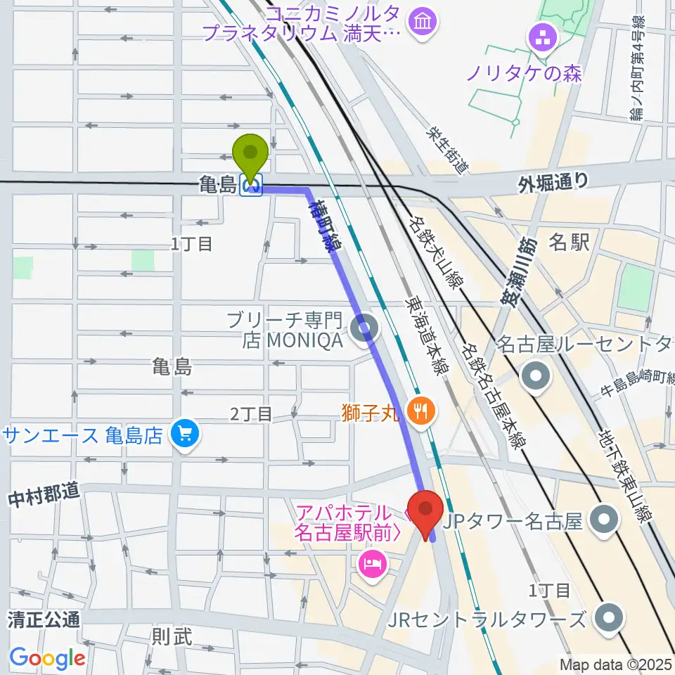 亀島駅からアイズボーカルスクール 名古屋駅前校へのルートマップ地図