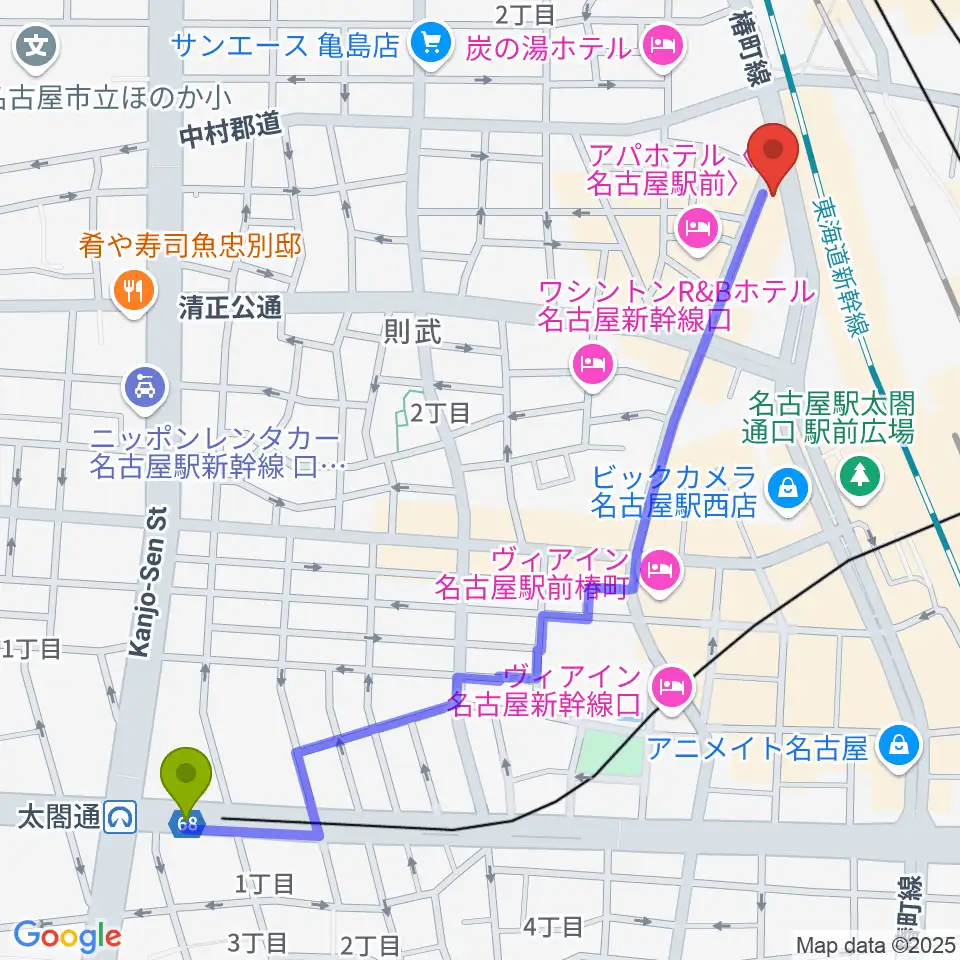 中村区役所駅からアイズボーカルスクール 名古屋駅前校へのルートマップ地図