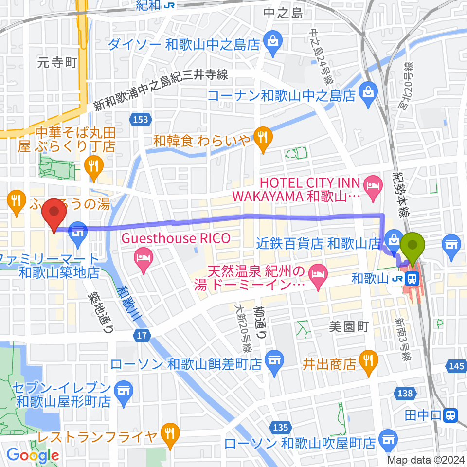 和歌山駅からLIVE SPACE MOMENTSへのルートマップ地図