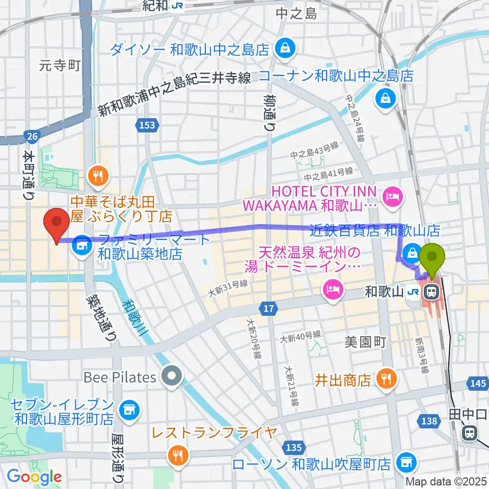 和歌山駅からLIVE SPACE MOMENTSへのルートマップ地図
