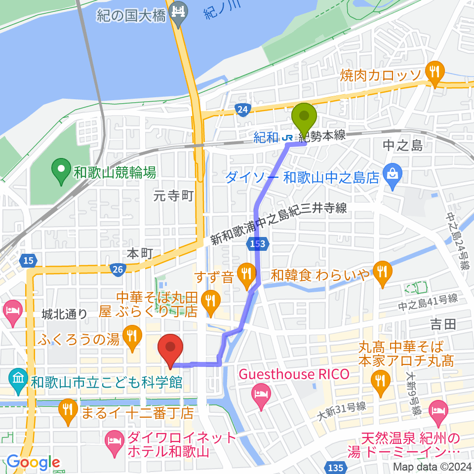 紀和駅からLIVE SPACE MOMENTSへのルートマップ地図
