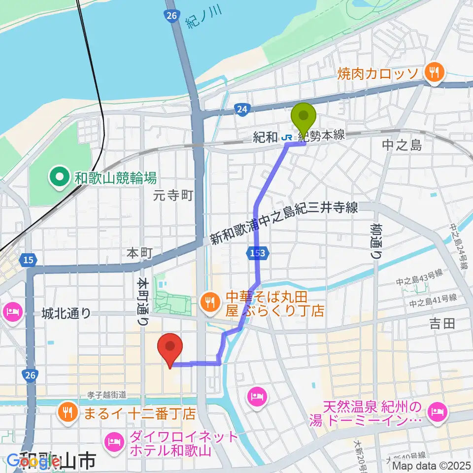 紀和駅からLIVE SPACE MOMENTSへのルートマップ地図