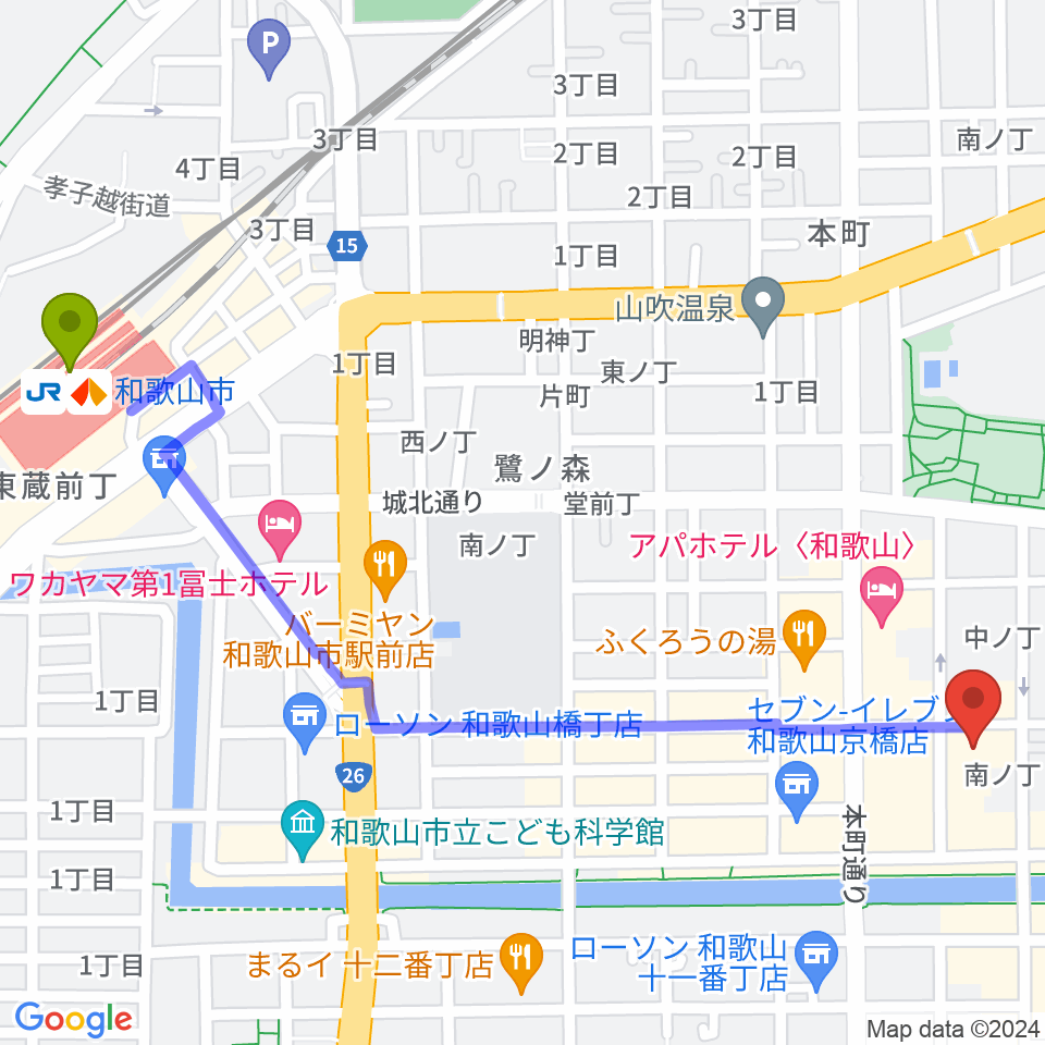 LIVE SPACE MOMENTSの最寄駅和歌山市駅からの徒歩ルート（約15分）地図