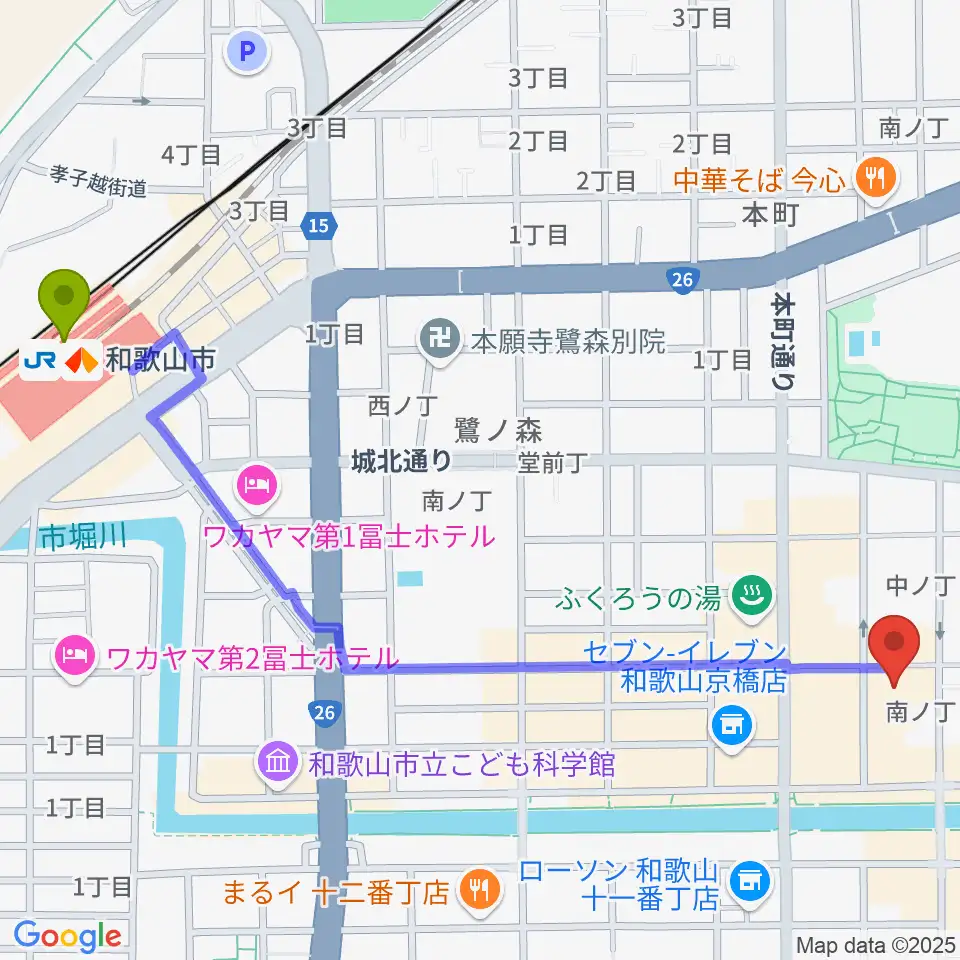 LIVE SPACE MOMENTSの最寄駅和歌山市駅からの徒歩ルート（約15分）地図