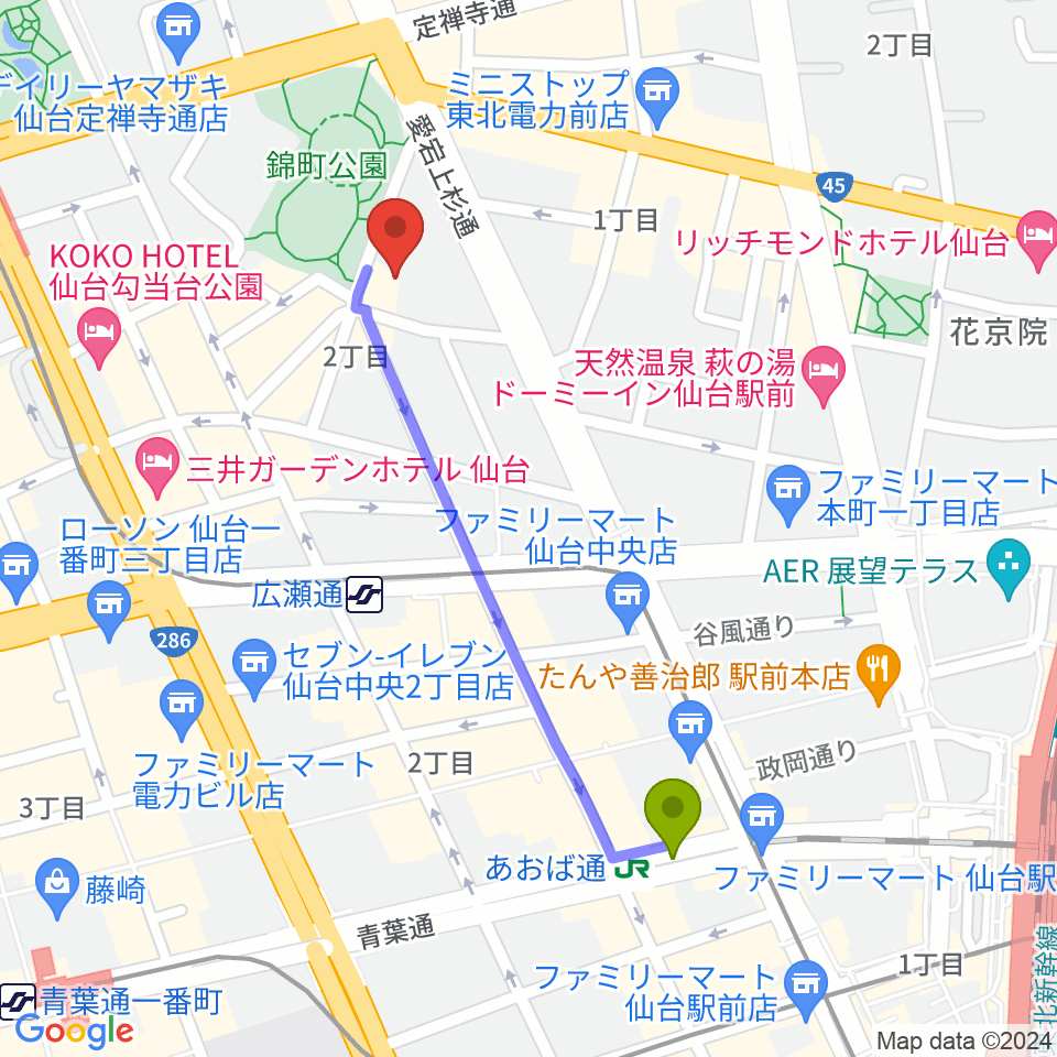 あおば通駅から専門学校デジタルアーツ仙台へのルートマップ地図