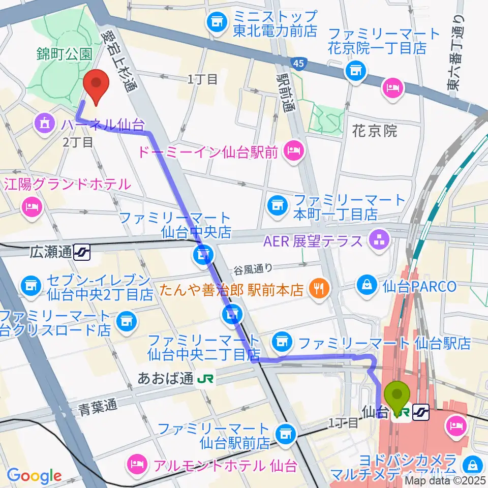 仙台駅から専門学校デジタルアーツ仙台へのルートマップ地図