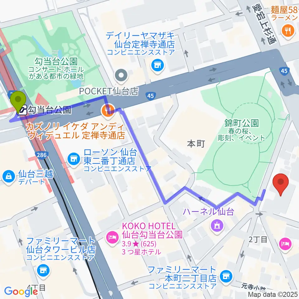 勾当台公園駅から専門学校デジタルアーツ仙台へのルートマップ地図