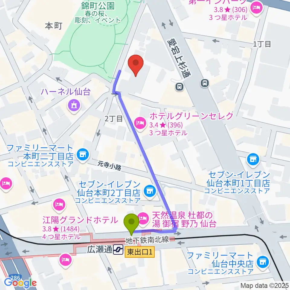 専門学校デジタルアーツ仙台の最寄駅広瀬通駅からの徒歩ルート（約4分）地図