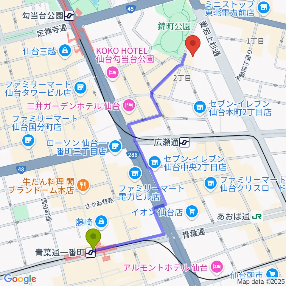 青葉通一番町駅から専門学校デジタルアーツ仙台へのルートマップ地図