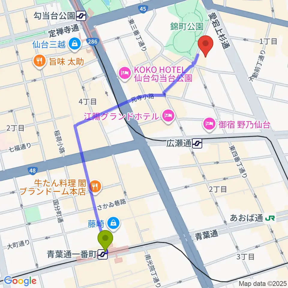 青葉通一番町駅から専門学校デジタルアーツ仙台へのルートマップ地図