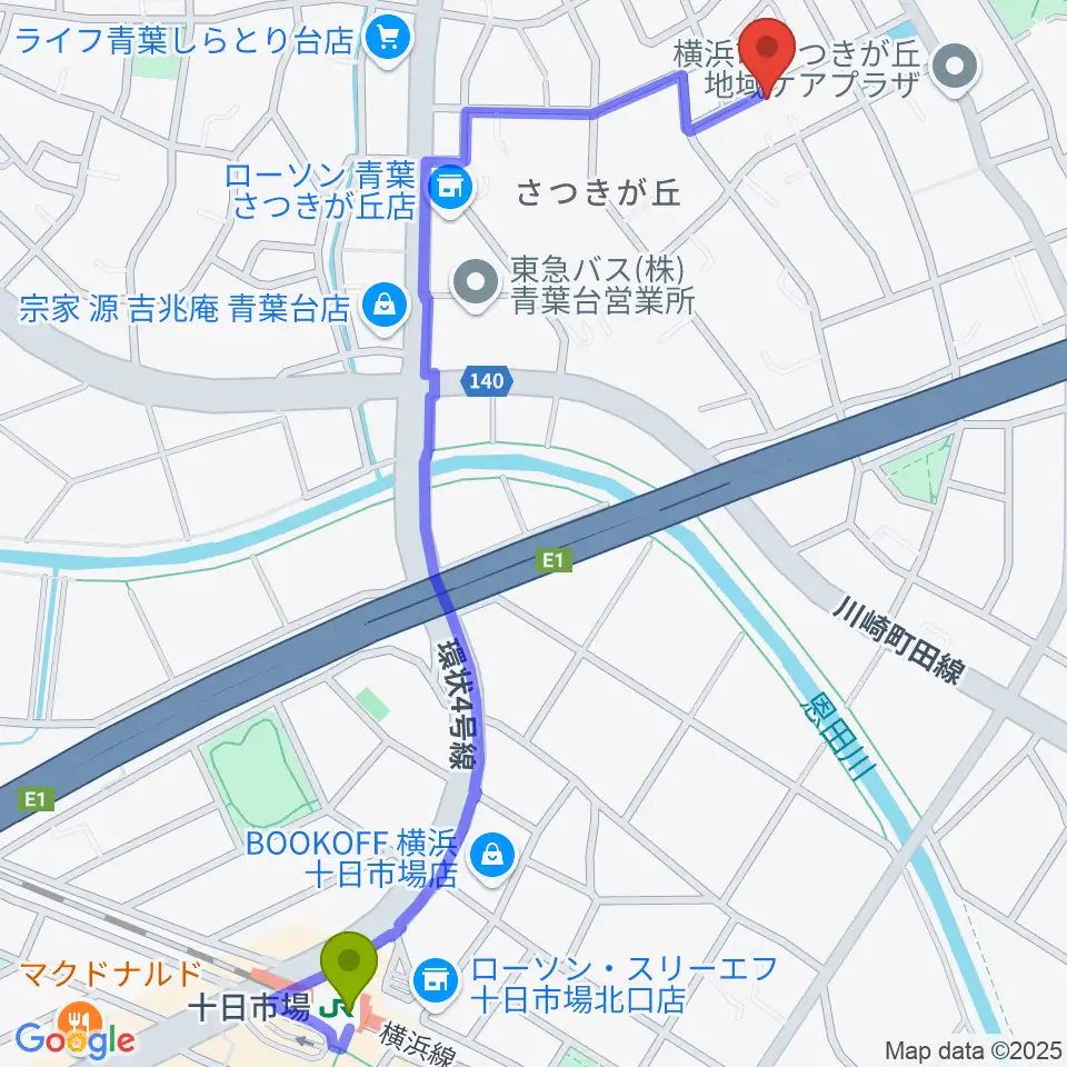 ピアノメンテナンス渡辺の最寄駅十日市場駅からの徒歩ルート（約15分）地図