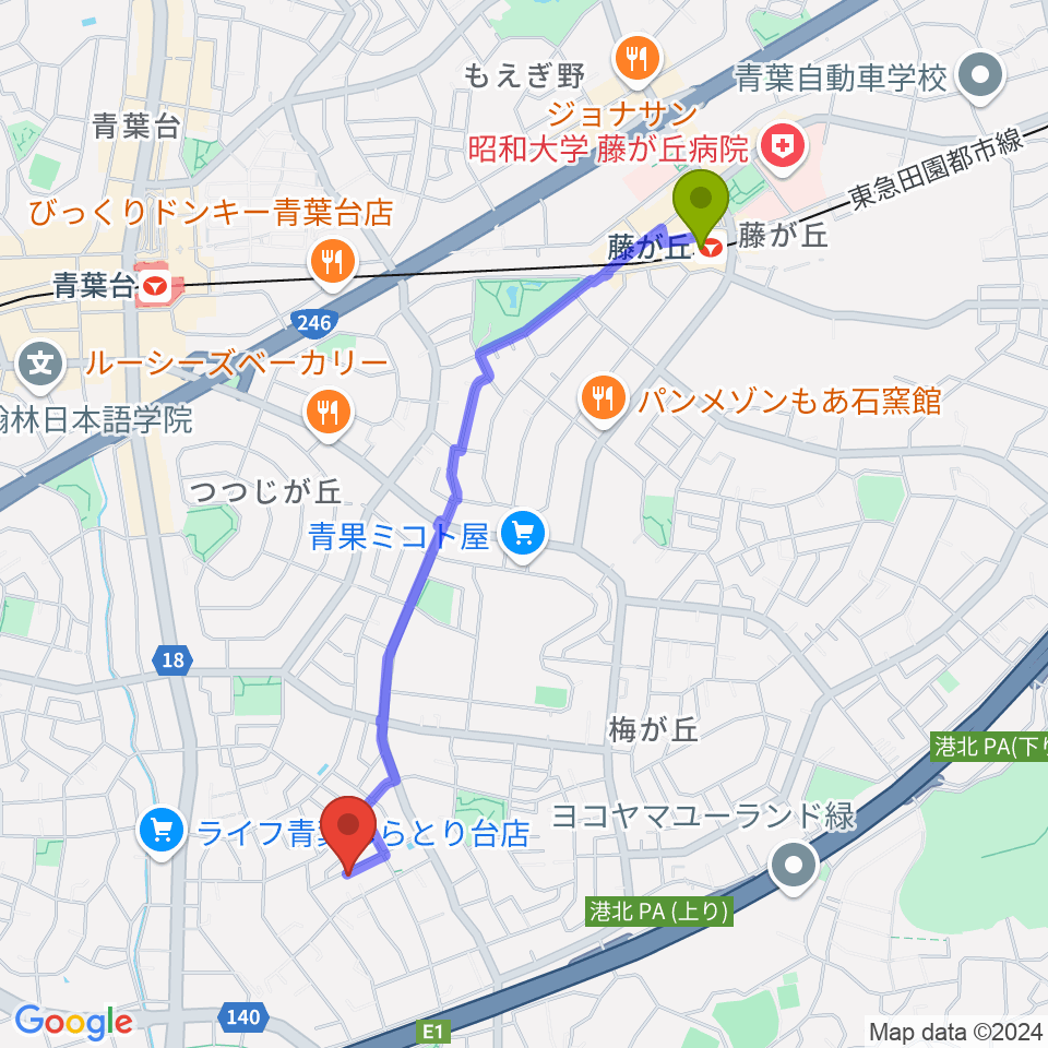 藤が丘駅からピアノメンテナンス渡辺へのルートマップ地図