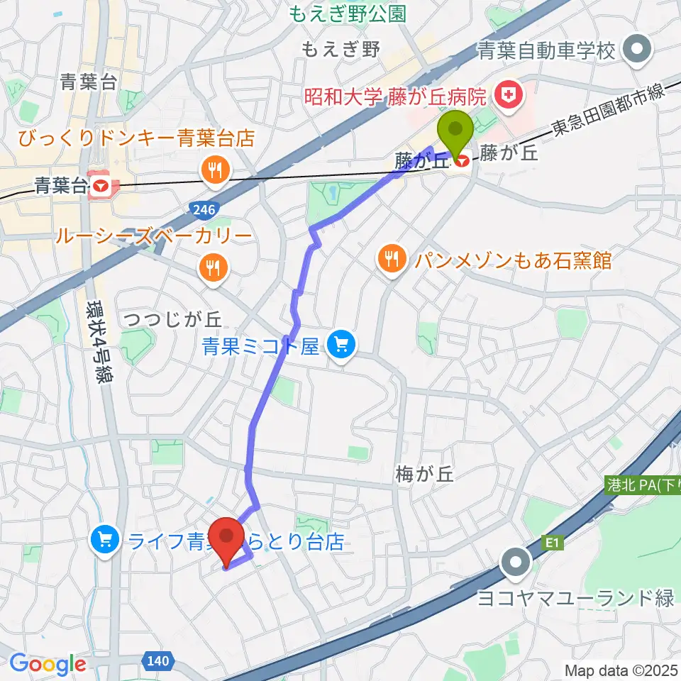 藤が丘駅からピアノメンテナンス渡辺へのルートマップ地図