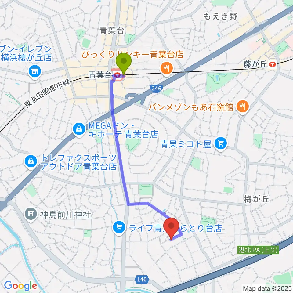 青葉台駅からピアノメンテナンス渡辺へのルートマップ地図