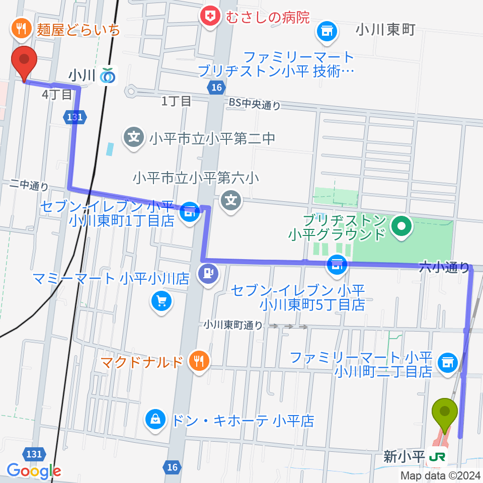 新小平駅からステラ音楽教室 小川駅前教室へのルートマップ地図