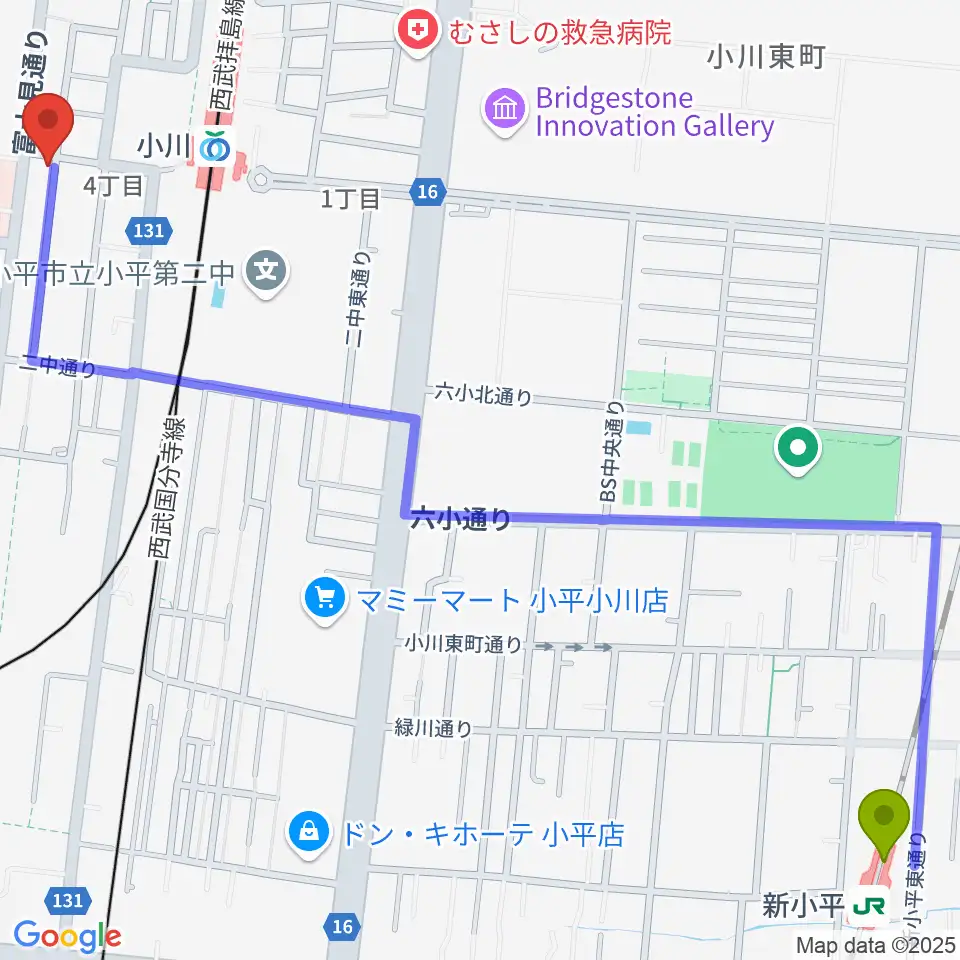新小平駅からステラ音楽教室 小川駅前教室へのルートマップ地図