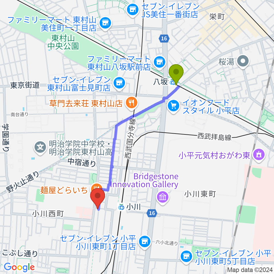 八坂駅からステラ音楽教室 小川駅前教室へのルートマップ地図