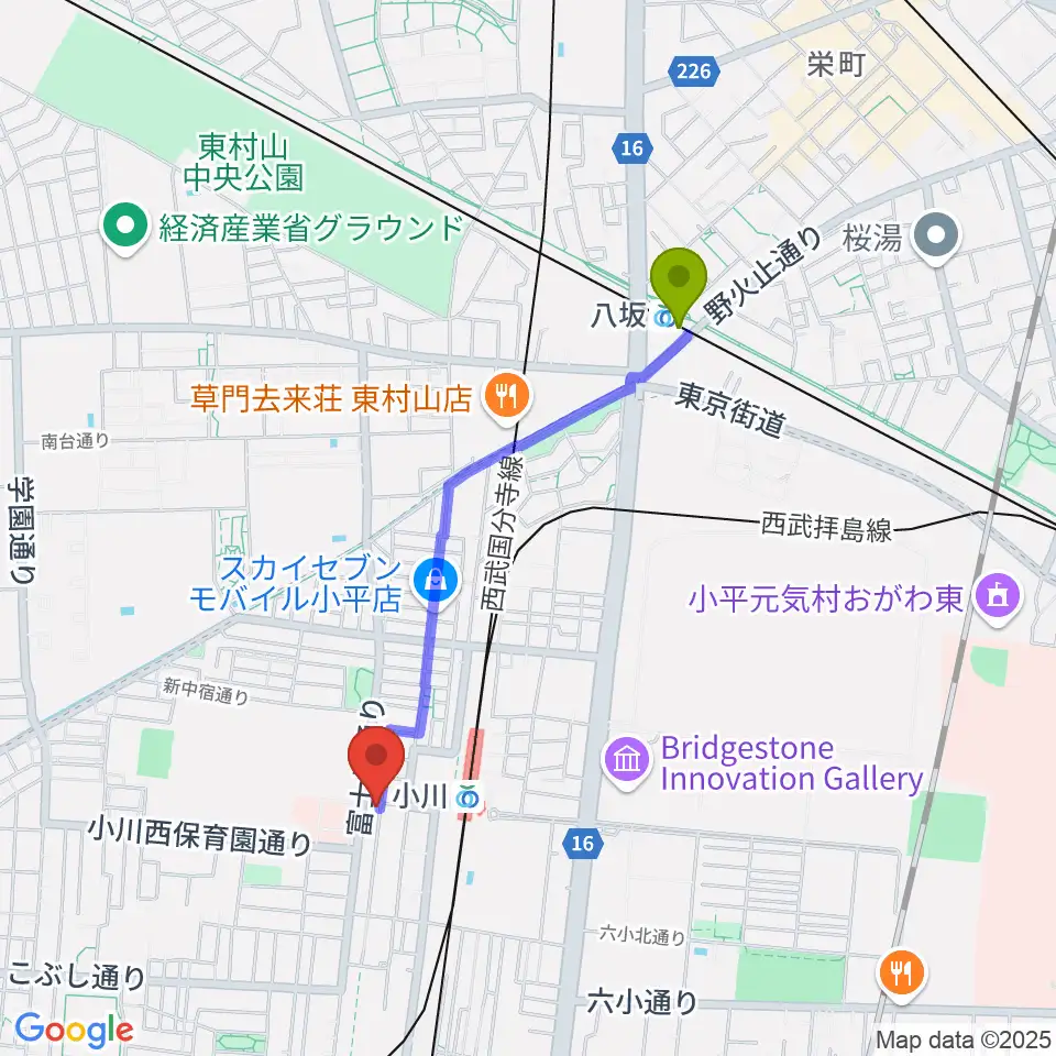 八坂駅からステラ音楽教室 小川駅前教室へのルートマップ地図