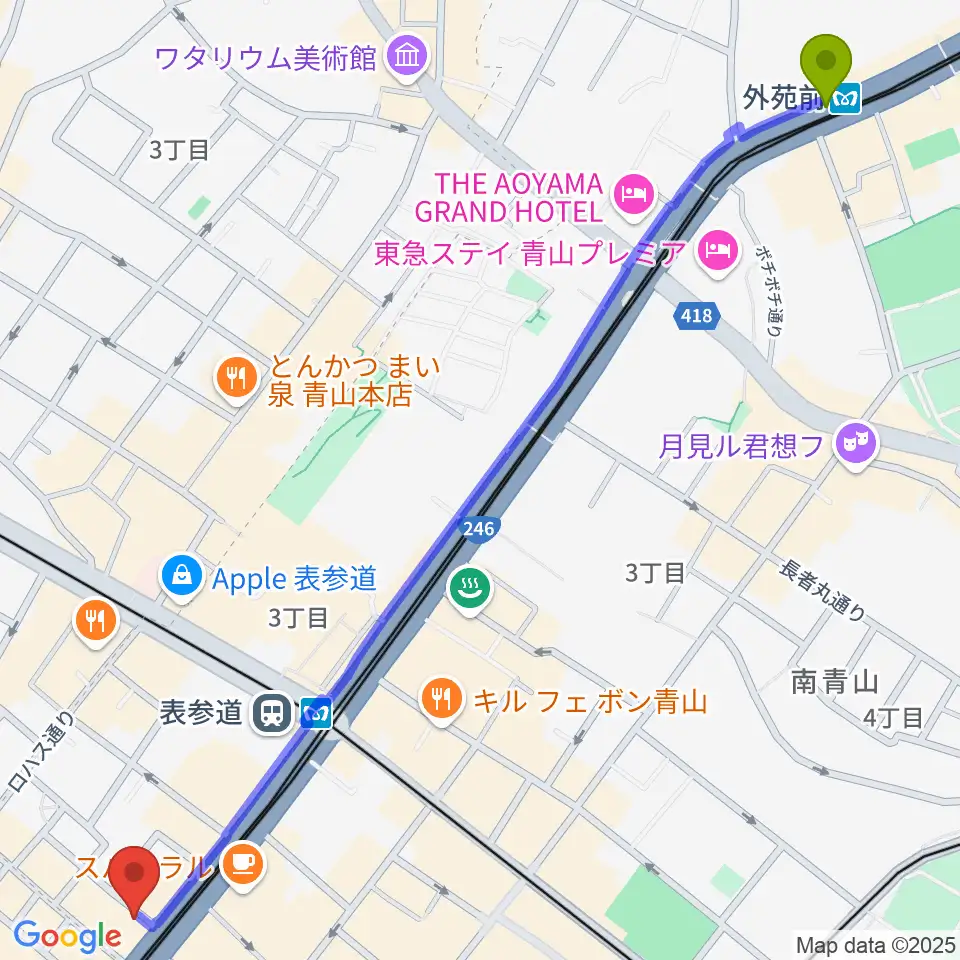 外苑前駅から表参道クラシックスペースへのルートマップ地図