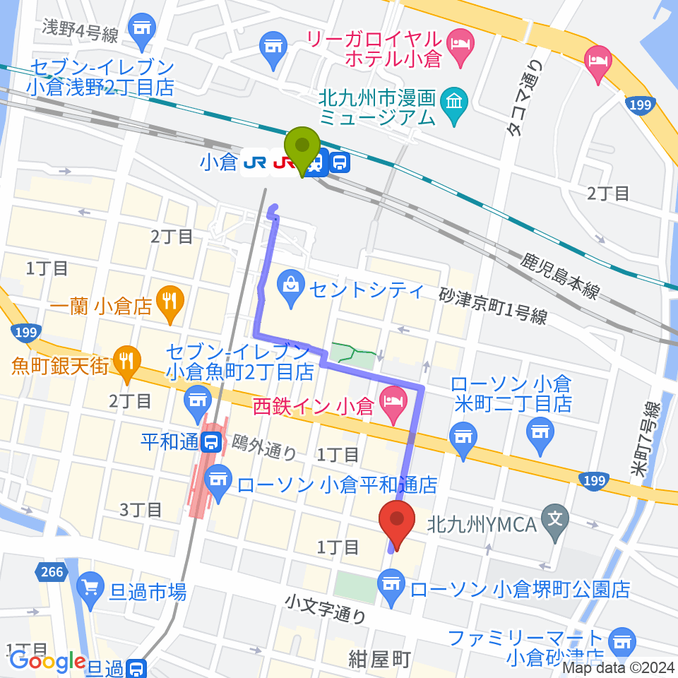 小倉駅からSWING21へのルートマップ地図