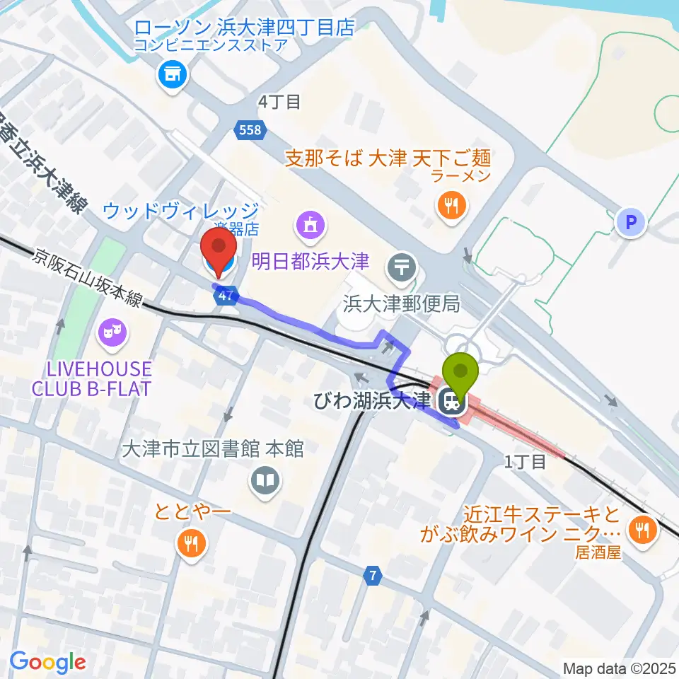ウッドヴィレッジ中古楽器買取の最寄駅びわ湖浜大津駅からの徒歩ルート（約3分）地図