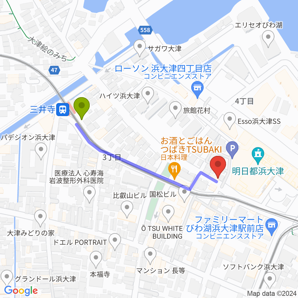 三井寺駅からウッドヴィレッジ中古楽器買取へのルートマップ地図