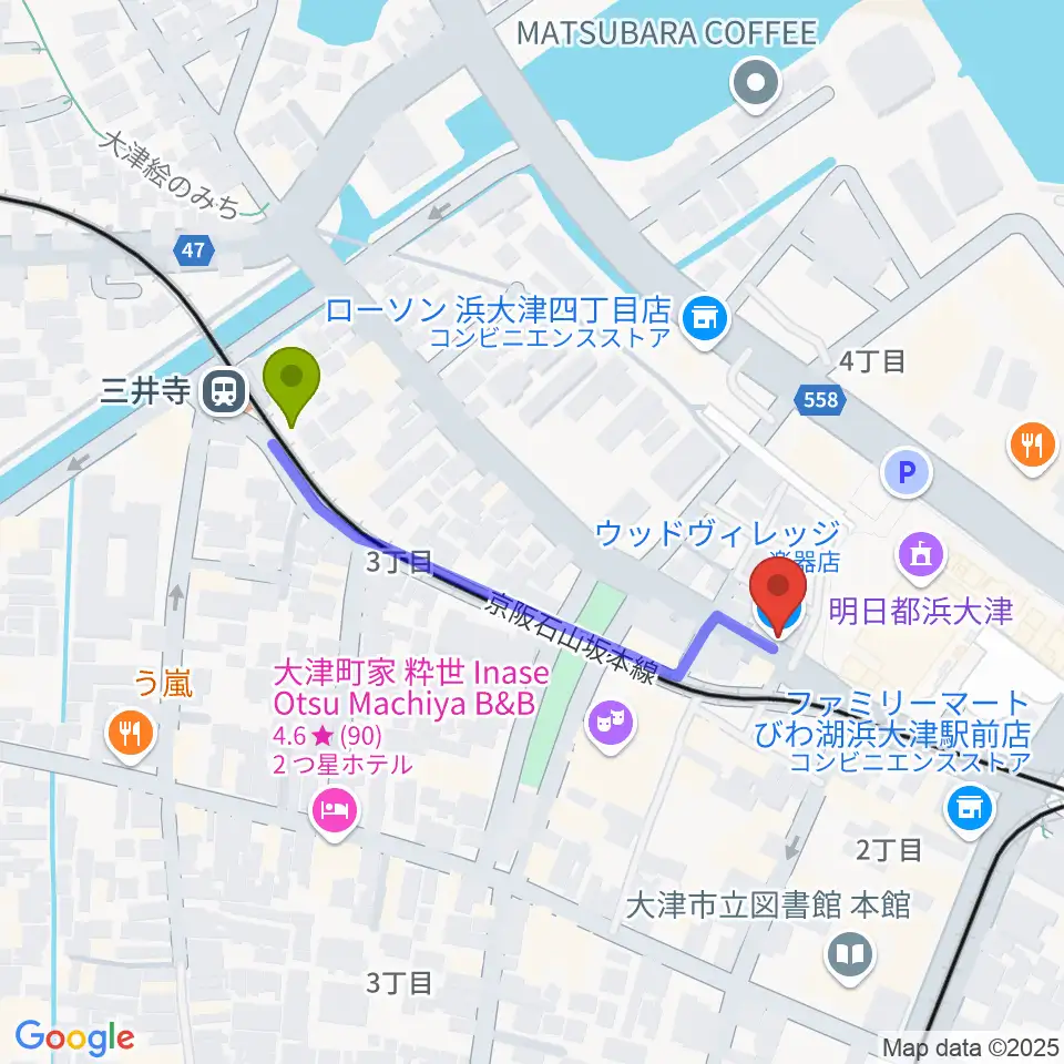 三井寺駅からウッドヴィレッジ中古楽器買取へのルートマップ地図