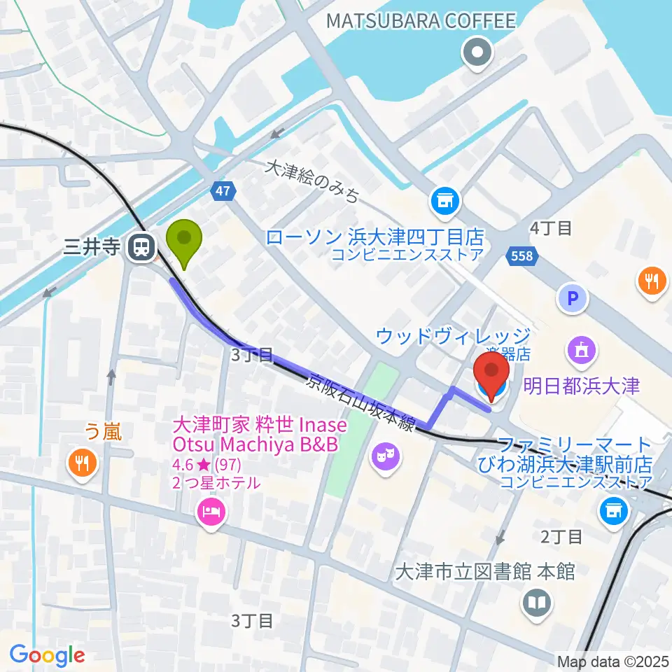 三井寺駅からウッドヴィレッジ中古楽器買取へのルートマップ地図