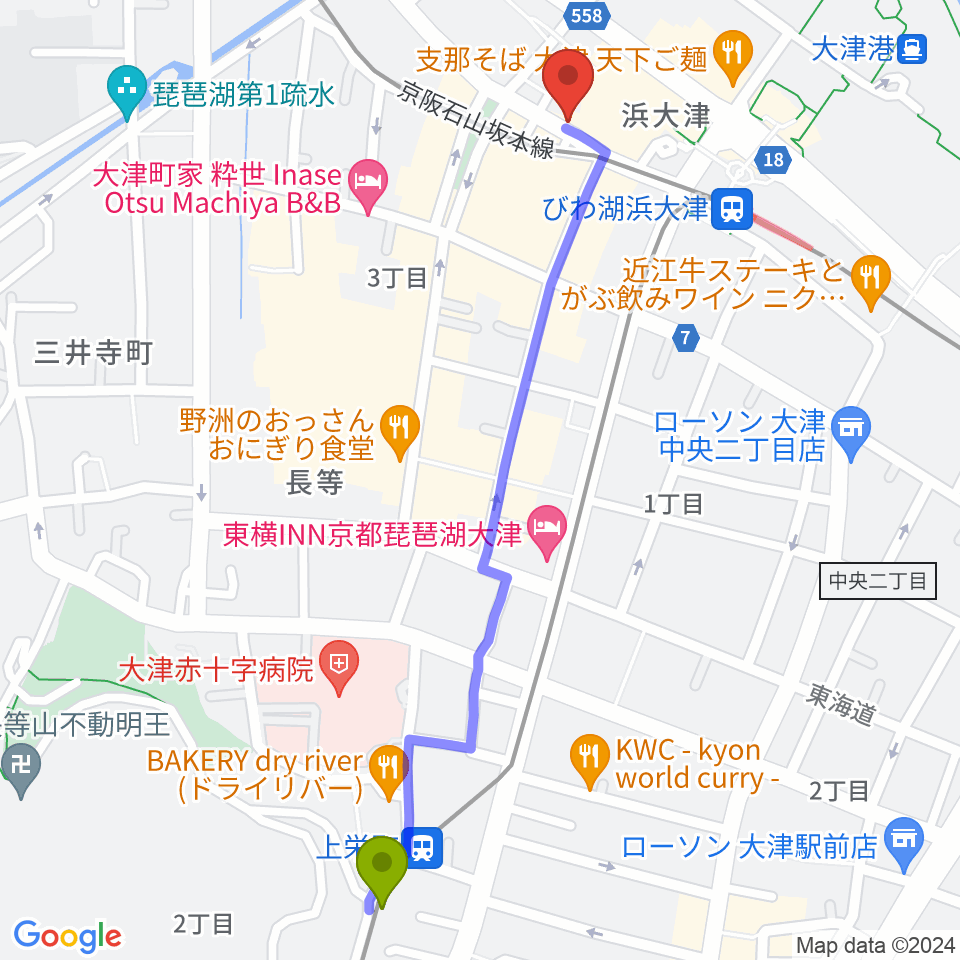 上栄町駅からウッドヴィレッジ中古楽器買取へのルートマップ地図