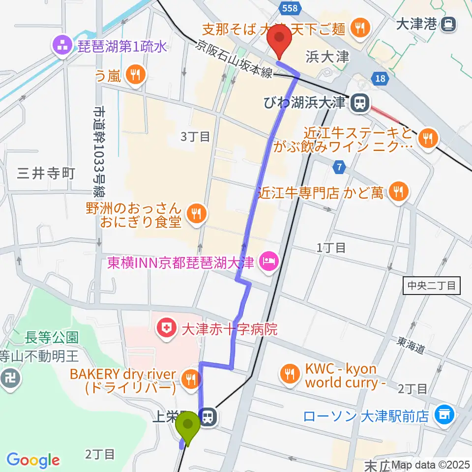 上栄町駅からウッドヴィレッジ中古楽器買取へのルートマップ地図