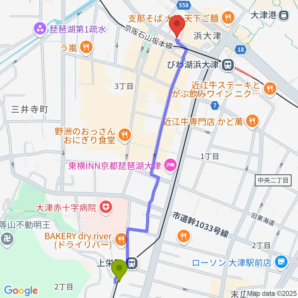 上栄町駅からウッドヴィレッジ中古楽器買取へのルートマップ地図
