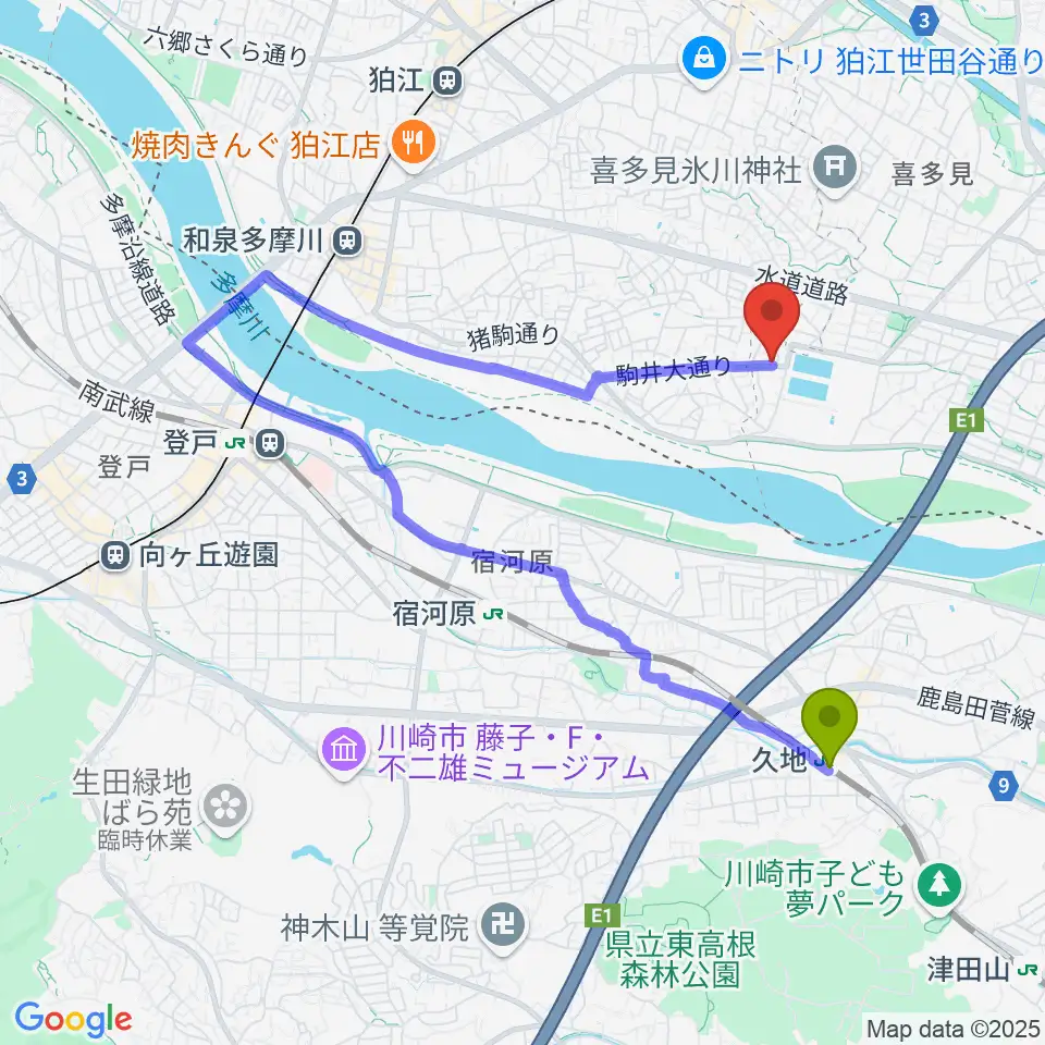 久地駅からいけだ音楽教室へのルートマップ地図