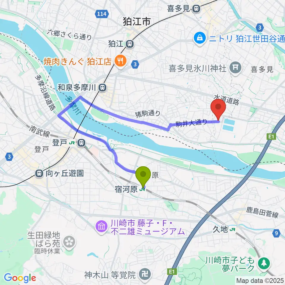 いけだ音楽教室の最寄駅宿河原駅からの徒歩ルート（約22分）地図