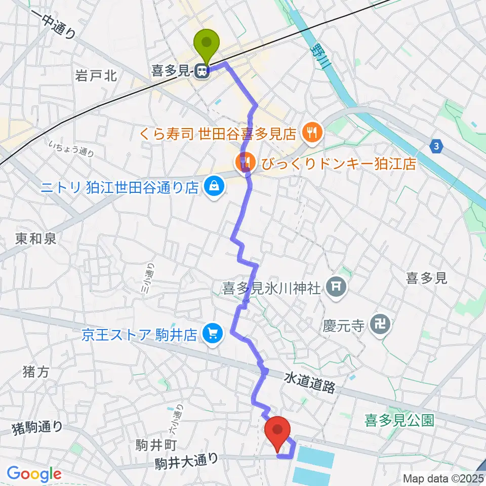 喜多見駅からいけだ音楽教室へのルートマップ地図