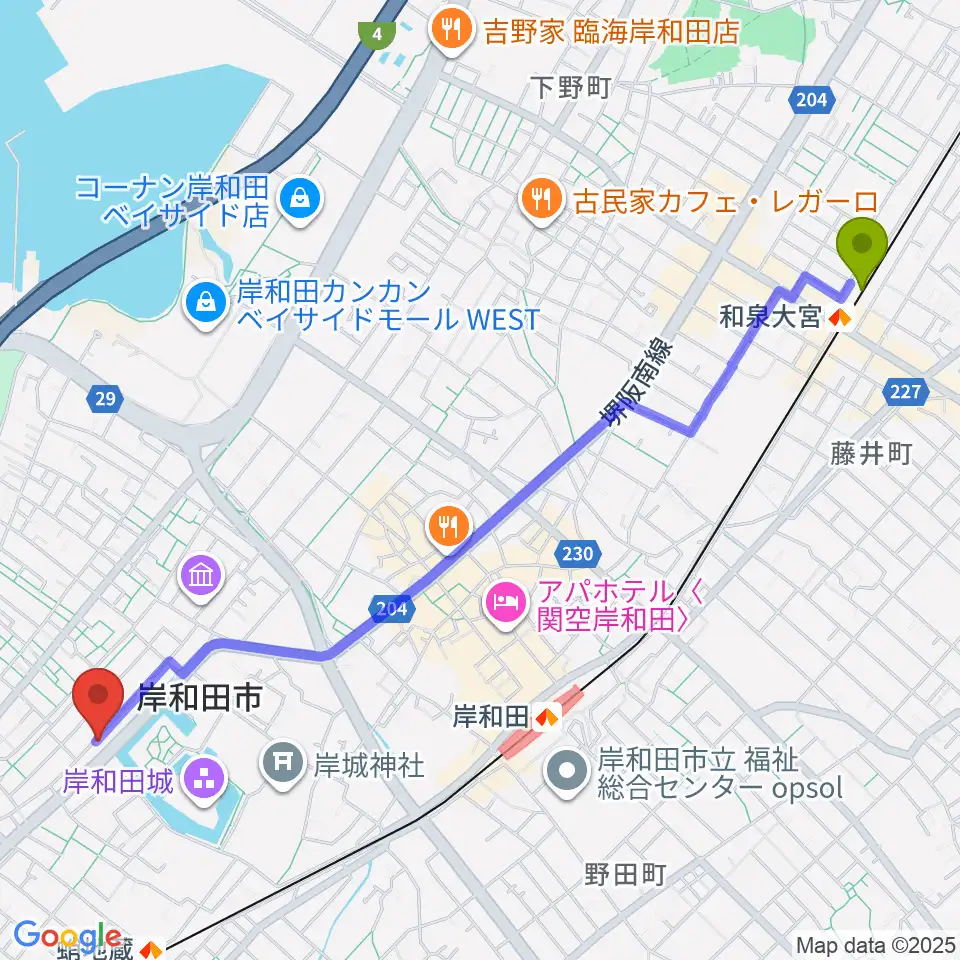 和泉大宮駅から民の謡 岸和田店へのルートマップ地図