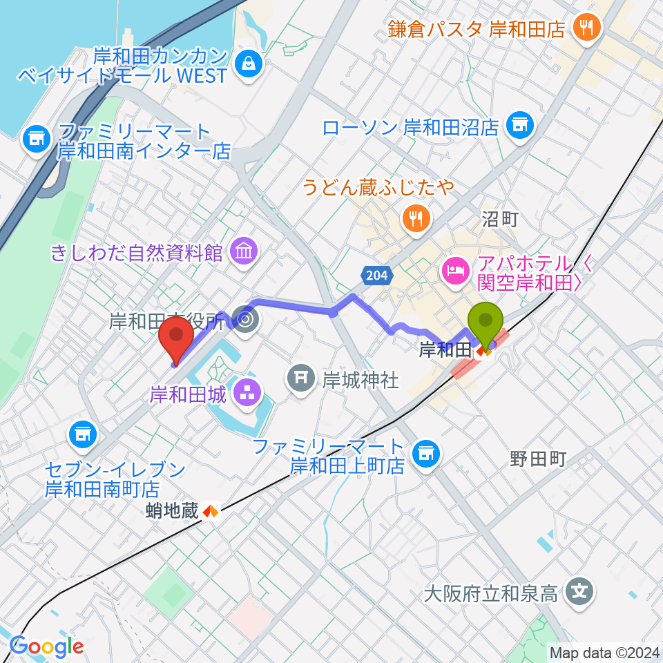 岸和田駅から民の謡 岸和田店へのルートマップ地図