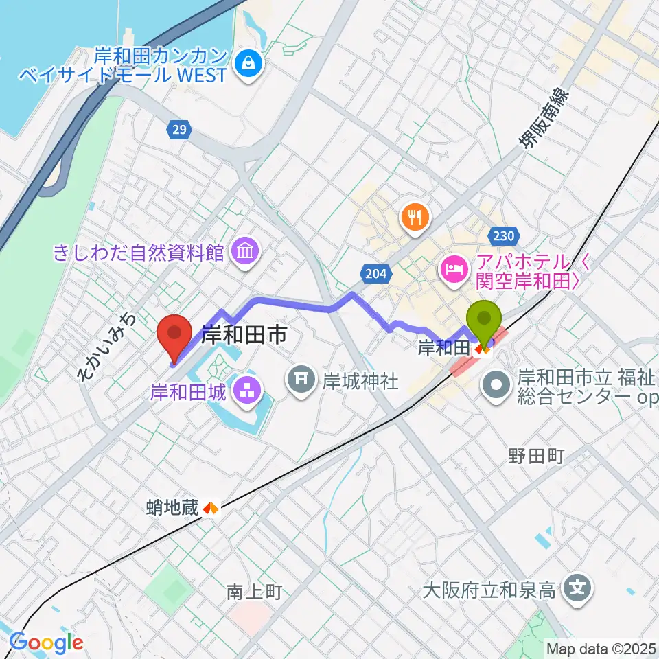 岸和田駅から民の謡 岸和田店へのルートマップ地図