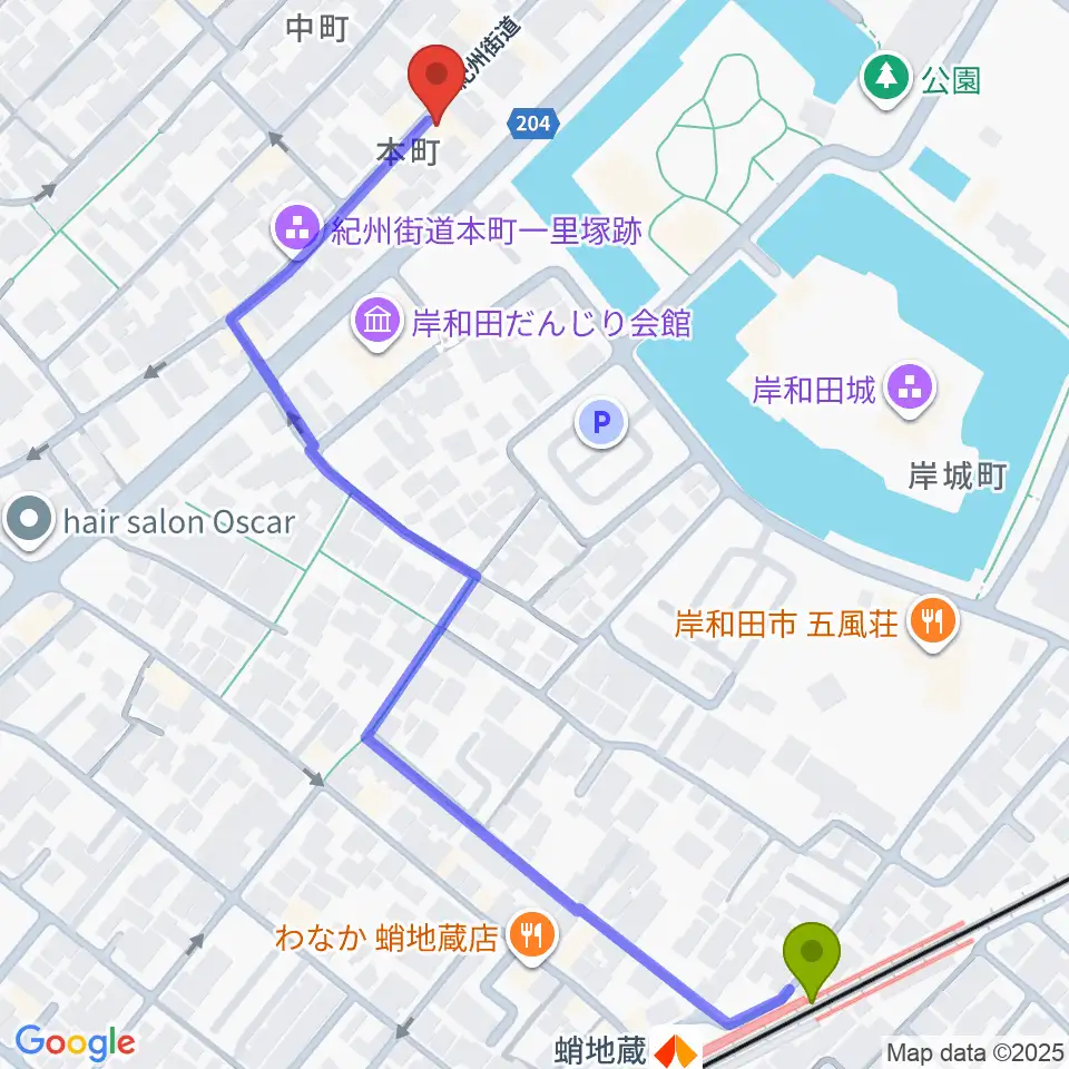 民の謡 岸和田店の最寄駅蛸地蔵駅からの徒歩ルート（約7分）地図