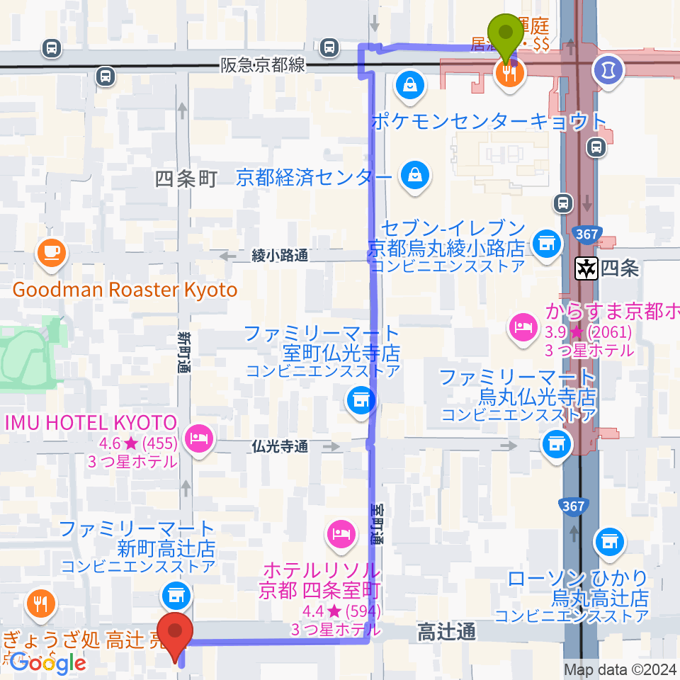 ティーステップ サックス教室 京都の最寄駅烏丸駅からの徒歩ルート（約8分）地図