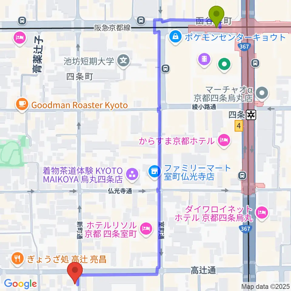 ティーステップ サックス教室 京都の最寄駅烏丸駅からの徒歩ルート（約8分）地図