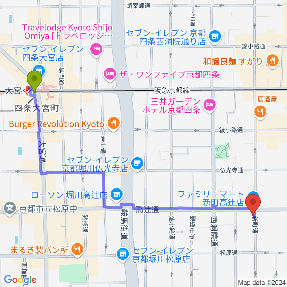 大宮駅からティーステップ サックス教室 京都へのルートマップ地図