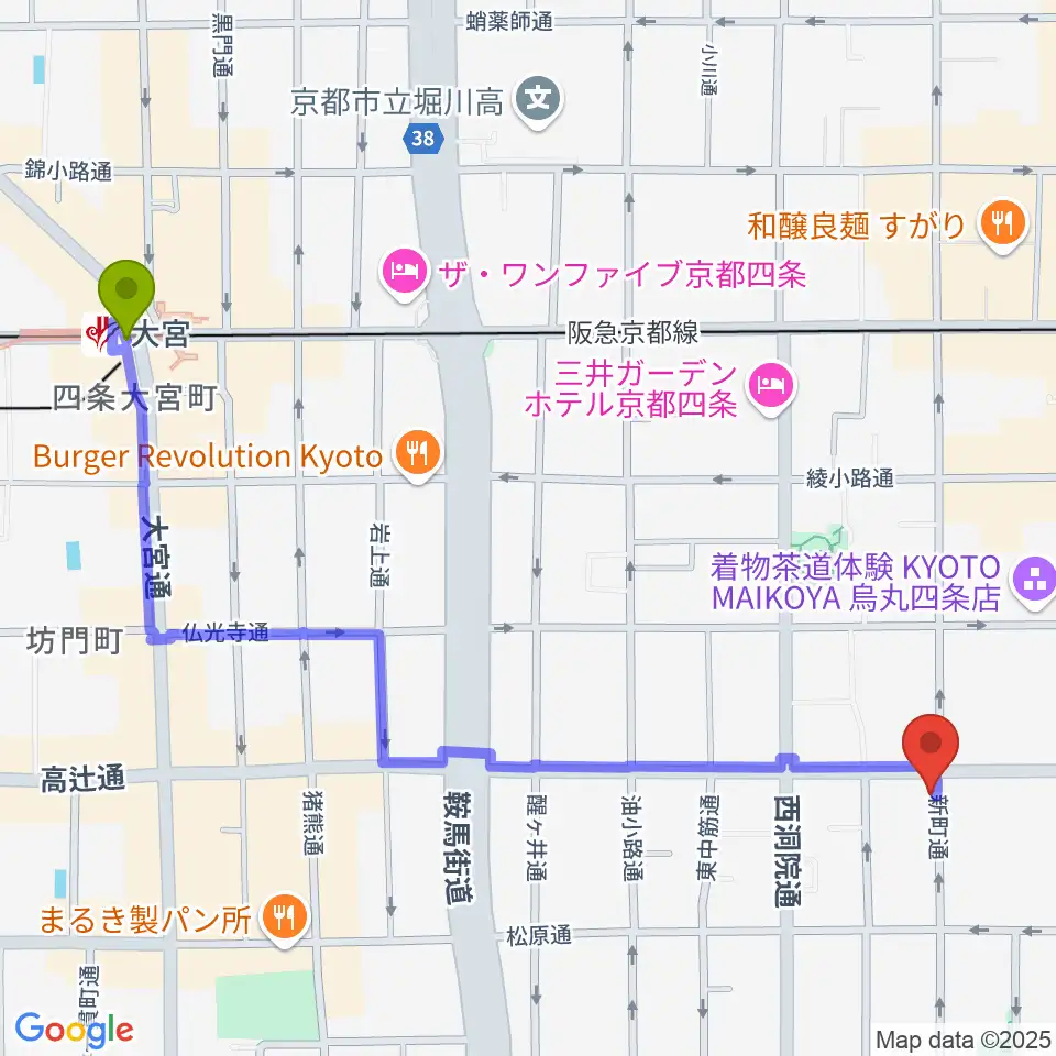 大宮駅からティーステップ サックス教室 京都へのルートマップ地図