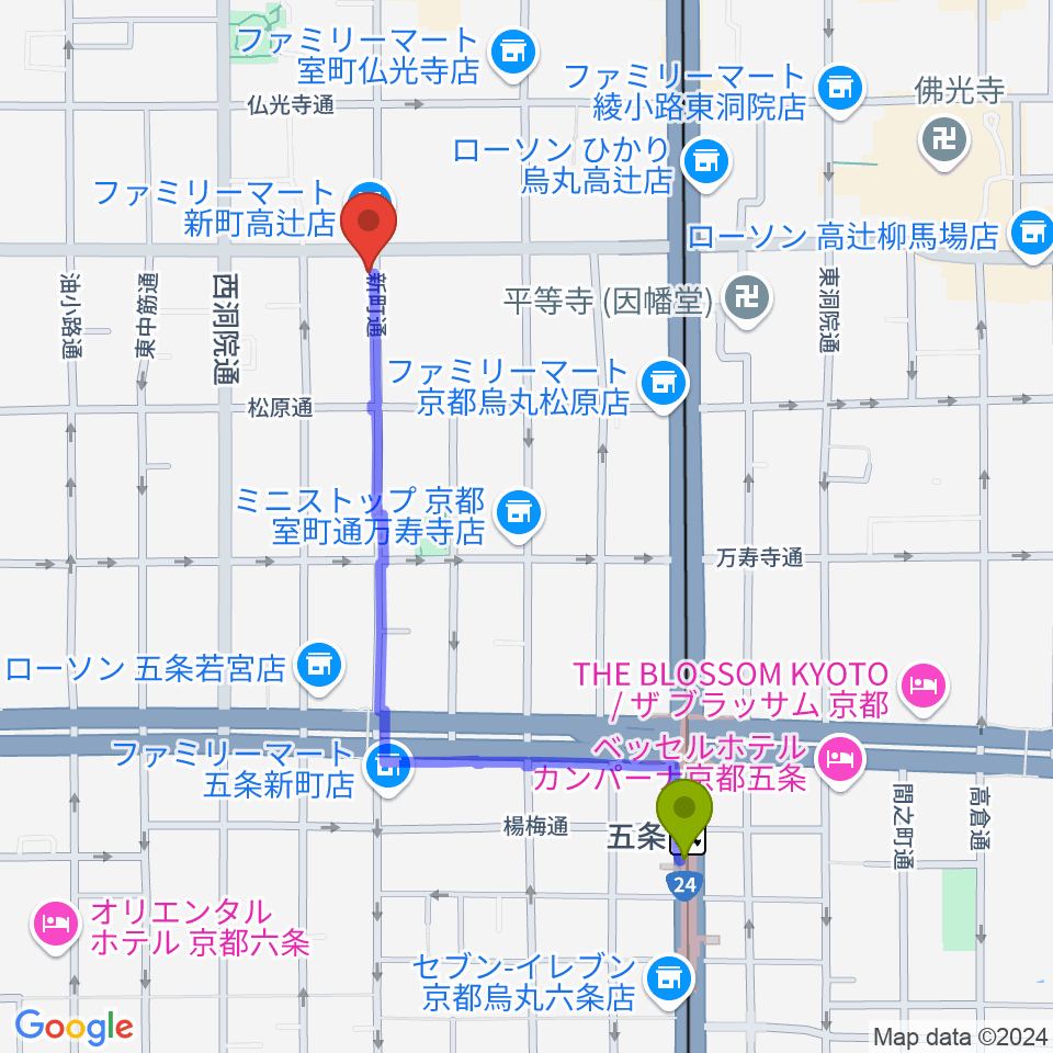 五条駅からティーステップ サックス教室 京都へのルートマップ地図