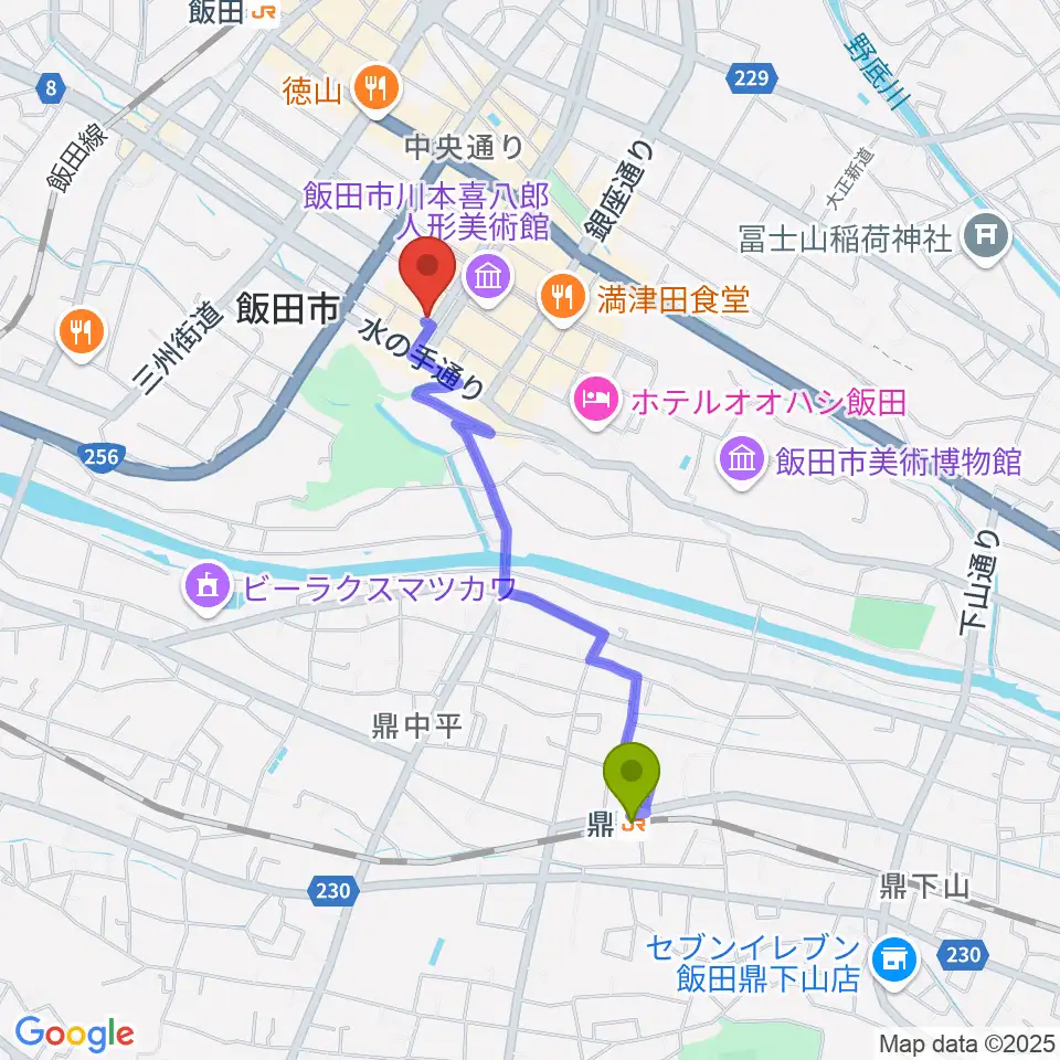 鼎駅から飯田CANVASへのルートマップ地図