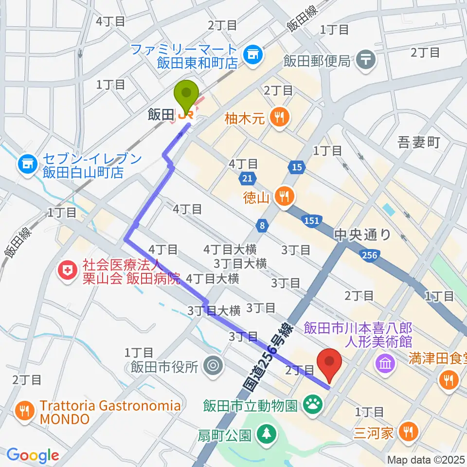 飯田CANVASの最寄駅飯田駅からの徒歩ルート（約10分）地図