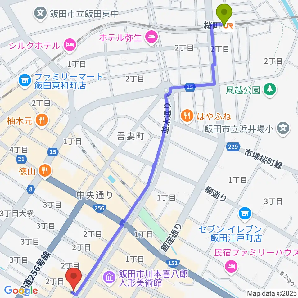 桜町駅から飯田CANVASへのルートマップ地図