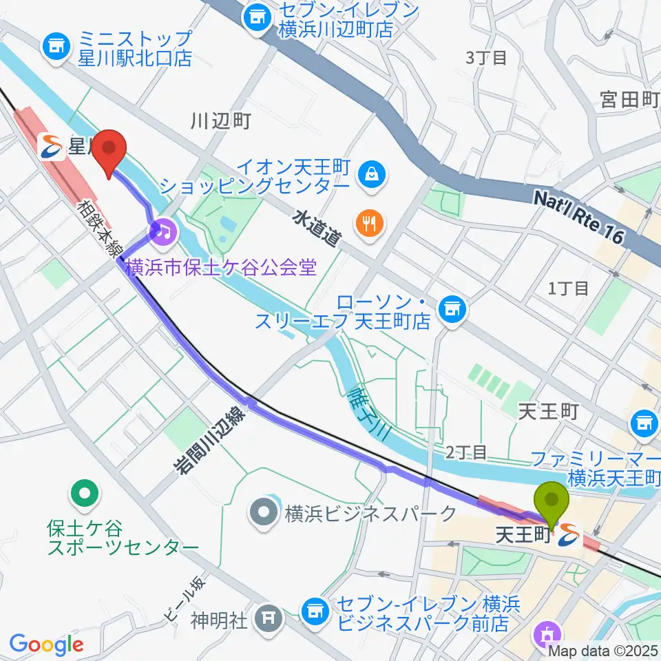 天王町駅から東京音楽学院 横浜星川駅前校へのルートマップ地図
