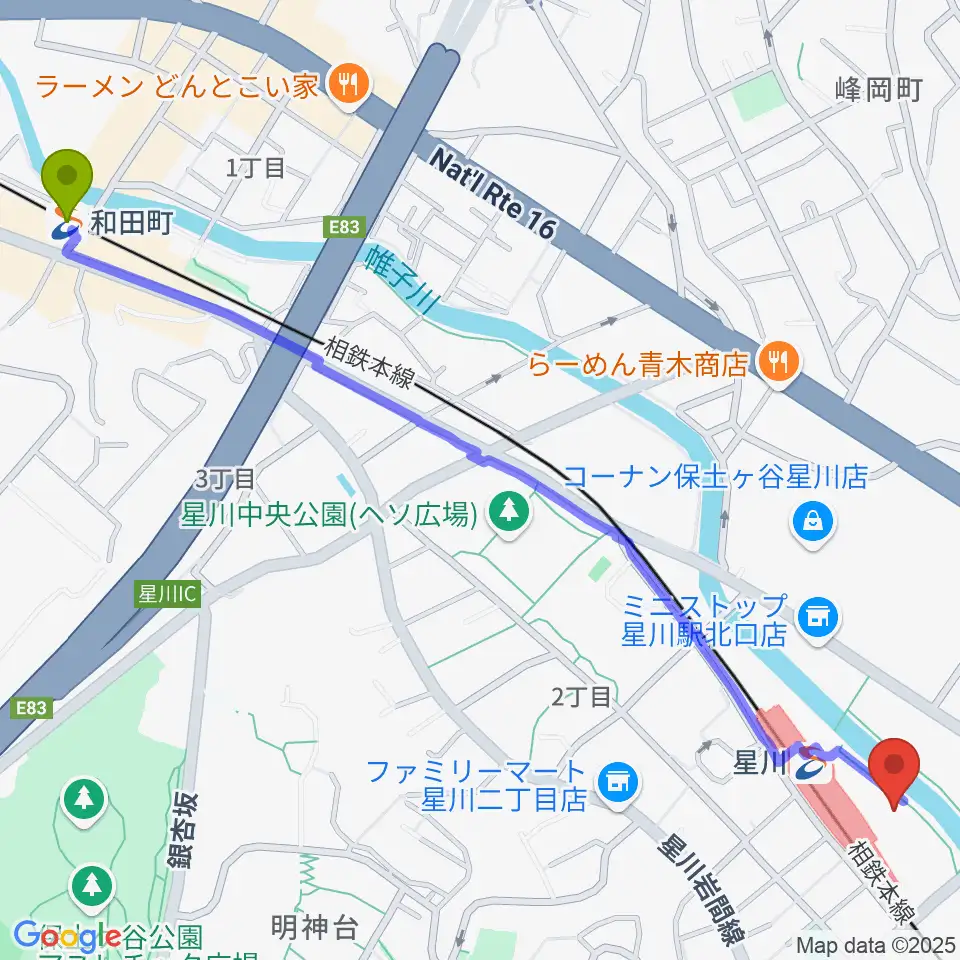 和田町駅から東京音楽学院 横浜星川駅前校へのルートマップ地図