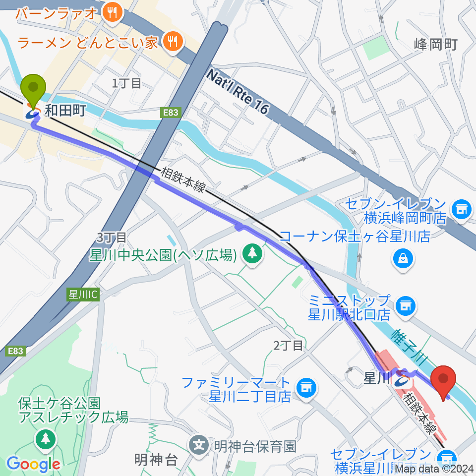 和田町駅から東京音楽学院 横浜星川駅前校へのルートマップ地図