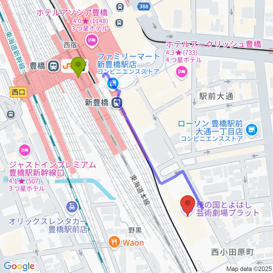 穂の国とよはし芸術劇場プラットの最寄駅豊橋駅からの徒歩ルート（約5分）地図